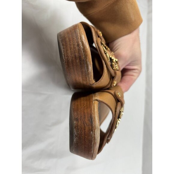Tory Burch Selma Wedge Platform Slides Shoes Tan Pebbled Gold Logo Open Toe Sz 7 - Picture 5 of 11